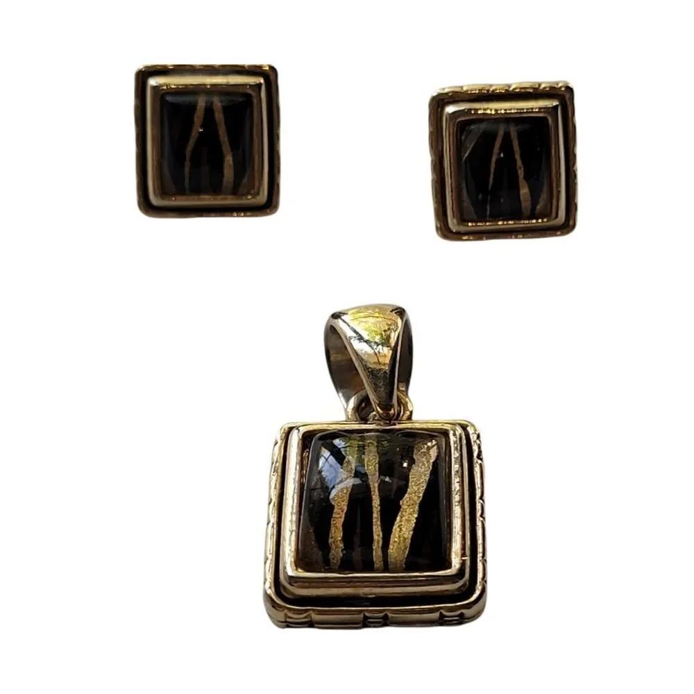 Vintage black and gold square earrings & pendant